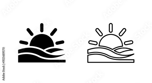 Sunset over waves icons, solid and outline, for beach or evening themes