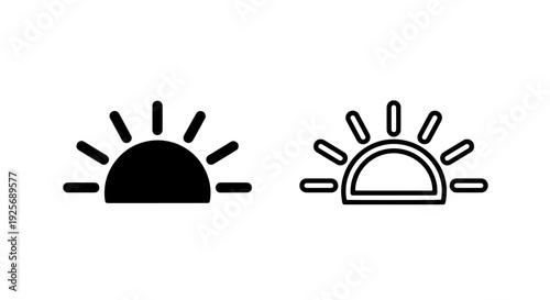 Set of sunrise icons, black and white outlines and solid shapes, for morning concepts
