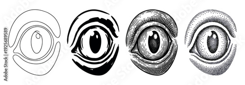 Set of four stylized animal eyes in black and white demonstrating a progression of graphic styles from simple line art to ink wash, vintage engraving, and detailed stippling