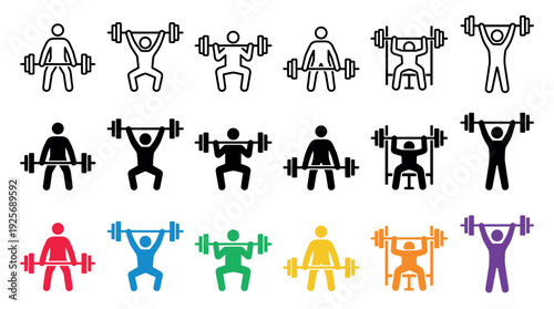 Set of weightlifting and powerlifting icons showing various exercises and lifts in minimalist outline, solid black, and colorful flat vector pictogram styles