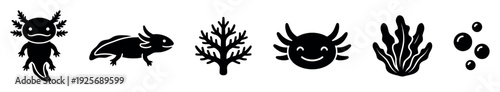 Collection of black axolotl silhouette icons showing the cute amphibian, its smiling face, aquatic plants, seaweed, and water bubbles in a minimalist graphic style