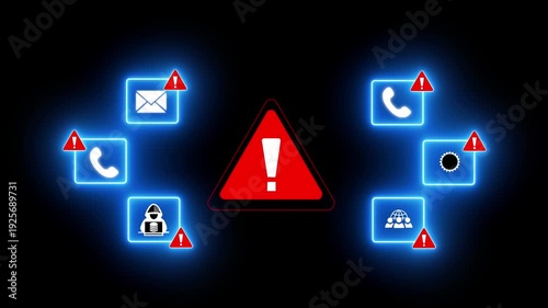 Scam alert warning. cybersecurity concept a prominent digital warning sign surrounded by alert icons, symbolizing online security threats, data protection, and scam prevention.