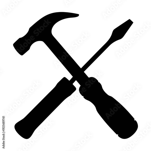 Cuadro en lienzo Hammer and screwdriver crossed silhouette vector image for repair and constructi