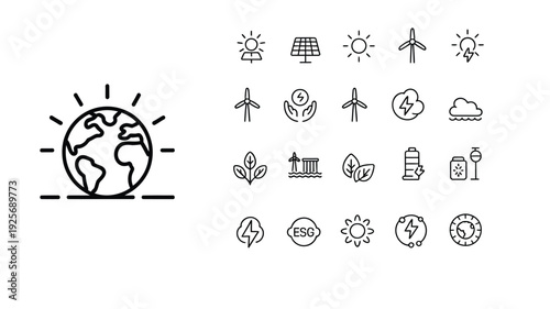 Renewable Energy Mega Bundle Line Icon Set Solar Wind Hydro Electric Vehicle Sustainable Power Editable Stroke Vector Collection