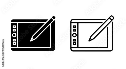 Graphic design tablet and stylus icons in black and white outline and silhouette