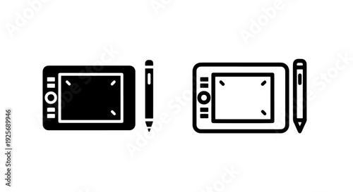Digital drawing tablet and pen icons shown in solid and outline styles