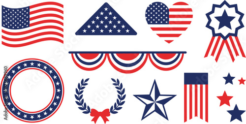 Celebratory patriotic elements with waving flag folded flag heart laurel wreath in navy blue poppy red white for vibrant Memorial Day branding design