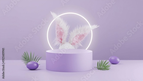 Purple Easter bunny ears on pedestal with neon circle and eggs