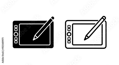 Artistic digital tablet and stylus icons presented in silhouette and outline