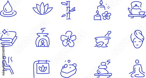 Blue line spa and wellness icon set with lotus, candles, herbal tea, towel, sauna, massage, meditation and aromatherapy symbols on white.