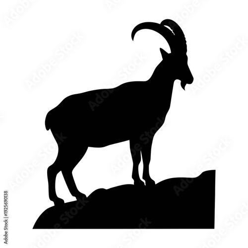 Black silhouette of an ibex standing on a rock mountain wildlife animal vector illustration art
