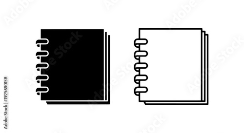 Spiral notebook icon set, solid black and outline, for journaling, notes, and creative writing.