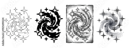 Set of four black star vortex illustrations in different artistic styles including line art, silhouette, engraving, and stippling for a magical or cosmic design concept