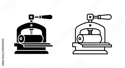Icon of a manual printing press or engraving machine, in black and white versions.