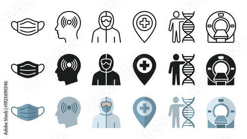 Set of medical and scientific icons in three different styles including line art, solid glyph, and flat color, depicting a face mask, hazmat suit, MRI, and genetics