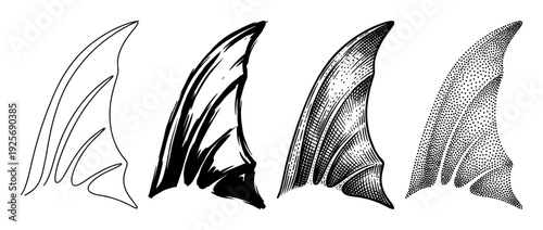 Set of four black dragon wings showing different artistic illustration styles, including clean line art, bold brush stroke, classic engraving, and modern stippling