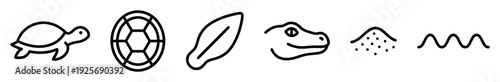 Collection of six nature-themed icons including a tortoise, shell pattern, leaf, reptile head, sand pile, and wavy line, presented in a clean black and white line art illustration