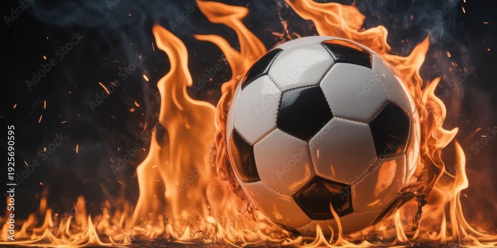 Fototapeta premium Burning Soccer Ball: A dramatic image of a soccer ball engulfed in flames, symbolizing intensity and passion, with the fiery spectacle against a contrasting dark backdrop.
