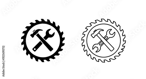 Hammer and Wrench Icon with Saw Blade, representing construction and DIY projects.