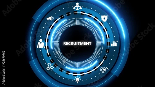 Futuristic blue circular hud interface with recruitment text in center, surrounded by business and technology icons on dark background, digital dashboard concept for hiring and hr.