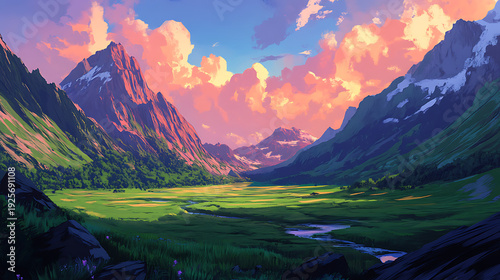Majestic mountain range with glowing sunset and serene valley landscape high resolution picture