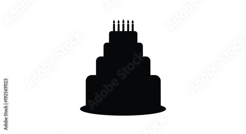 A tiered cake with burning candles depicted in black silhouette