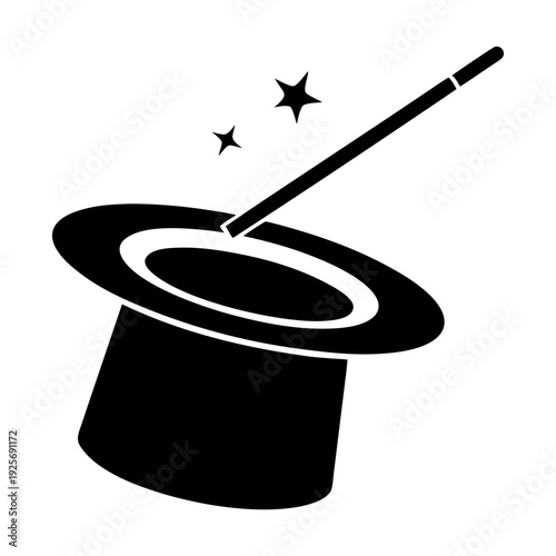 Magic trick hat with wand and stars illustration for magician show and performance concept