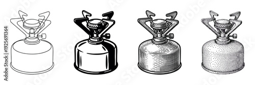 Four portable camping gas stove illustrations in different artistic styles, including line art, solid black, hatching, and stippling for outdoor adventure and survival themes
