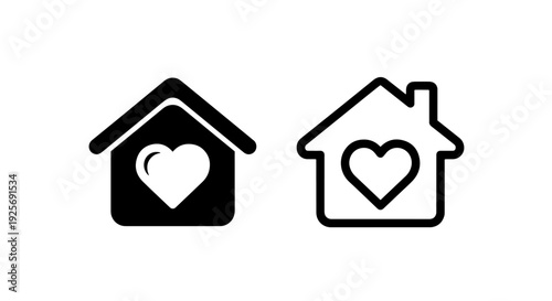 Loving Home Icon: Black House with Heart Symbol for Family, Real Estate, Mortgage, and Residential Care Concepts