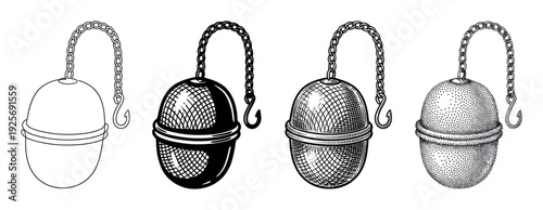 Set of four tea infuser ball illustrations in various graphic styles like engraving, stippling, line art, and silhouette, creating a vintage hand-drawn collection