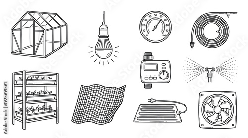 Collection of hand-drawn greenhouse equipment icons including a grow light, fan, timer, and seedling rack in a simple black and white line art doodle style for gardening