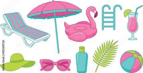 Resort poolside vacation elements with lounge chair umbrella flamingo float cocktail in cool turquoise bright pink lime green for luxury relaxation branding design