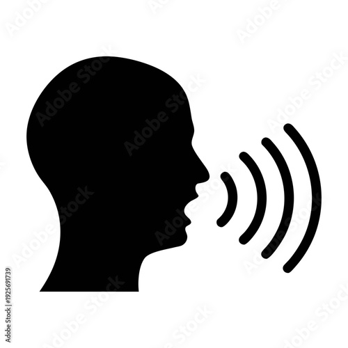 Illustration of speaking head with sound waves for communication and voice recognition technology design