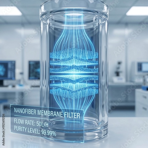 Futuristic cylindrical device with flowing blue liquid energy in a high-tech laboratory, transparent tube, metallic ends, glowing fluid and bubbles, concept of advanced technology, clean energy and sc