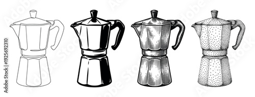 Four moka pot coffee maker illustrations in a set of diverse graphic styles including simple line art, solid silhouette, vintage engraving, and detailed stippling art