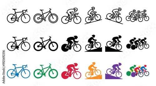 Set of cycling sport vector icons depicting road bikes, mountain bikes, and racers in various positions, presented in outline, solid black silhouette, and colorful flat styles