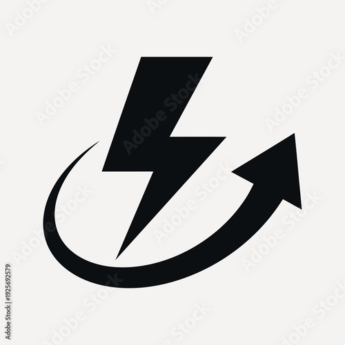 Black lightning bolt symbol with curved arrow indicating upward progress on a light grey background