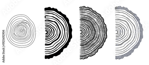 Four graphic illustrations of tree cross-sections showing growth rings in various artistic styles like line art, silhouette, engraving, and stippling for a nature concept
