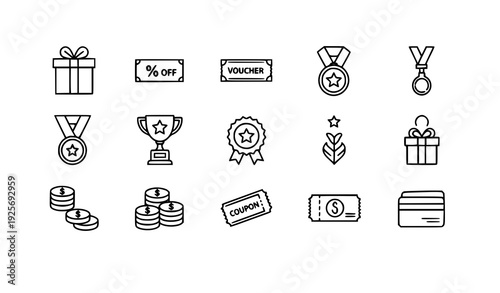Editable Stroke Bonus, Benefit, Offer, and Reward Icon Set with Gift, Voucher, Medal, and Trophy