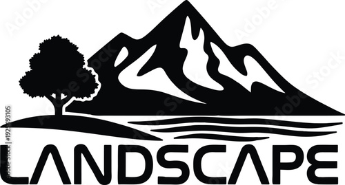 Black silhouette of mountain range and tree on hill landscape graphic design element