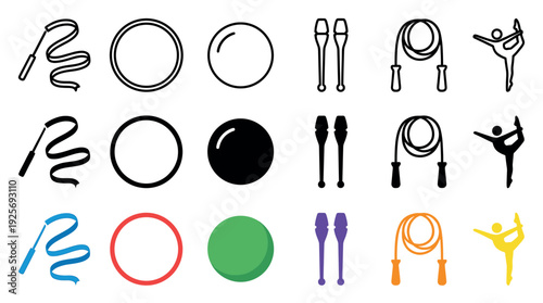 Rhythmic gymnastics equipment icon set showing a ribbon, hoop, ball, clubs, and rope in three different styles: outline, solid silhouette, and full color flat design