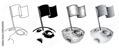 Collection of four flag on a planet icons rendered in diverse graphic styles from simple continuous line and solid silhouette to detailed engraving and dotwork