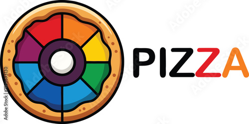 Colorful cartoon pizza with rainbow slices and crust isolated on white background