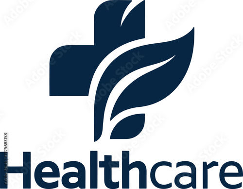 Healthcare logo with cross and leaf symbol on white background