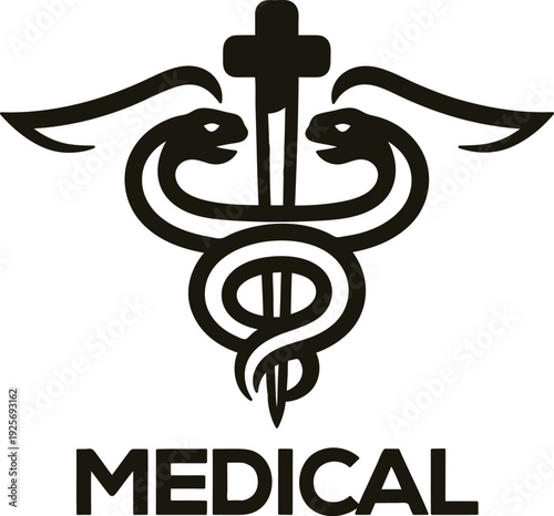 Medical symbol with snakes and cross on white background