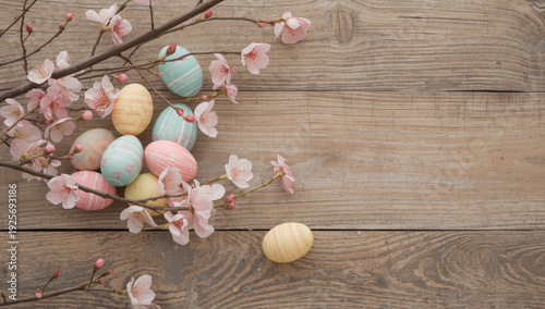 Pastel Easter eggs with cherry blossoms on wooden background pastel colors spring