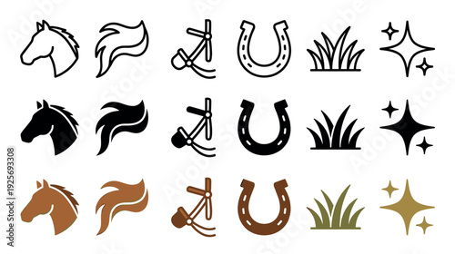 Collection of horse-themed vector icons showing a head, mane, bridle, horseshoe, and grass in three different styles: line art, solid black silhouette, and simple color