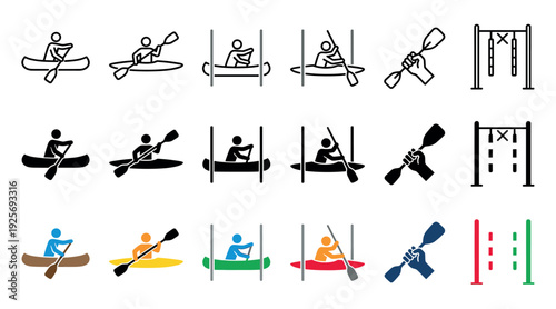Canoe and kayak water sport icon collection in outline, solid black, and color styles, featuring athletes paddling, competing in slalom, and holding a double-bladed paddle