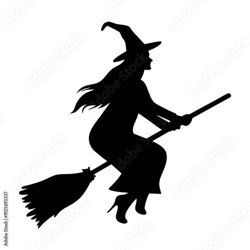 Silhouette of witch flying on broomstick vector illustration for halloween and fantasy theme