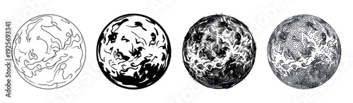 Four abstract black and white planet illustrations showing a progression of graphic art styles from simple line art to complex hatching and stippling textures